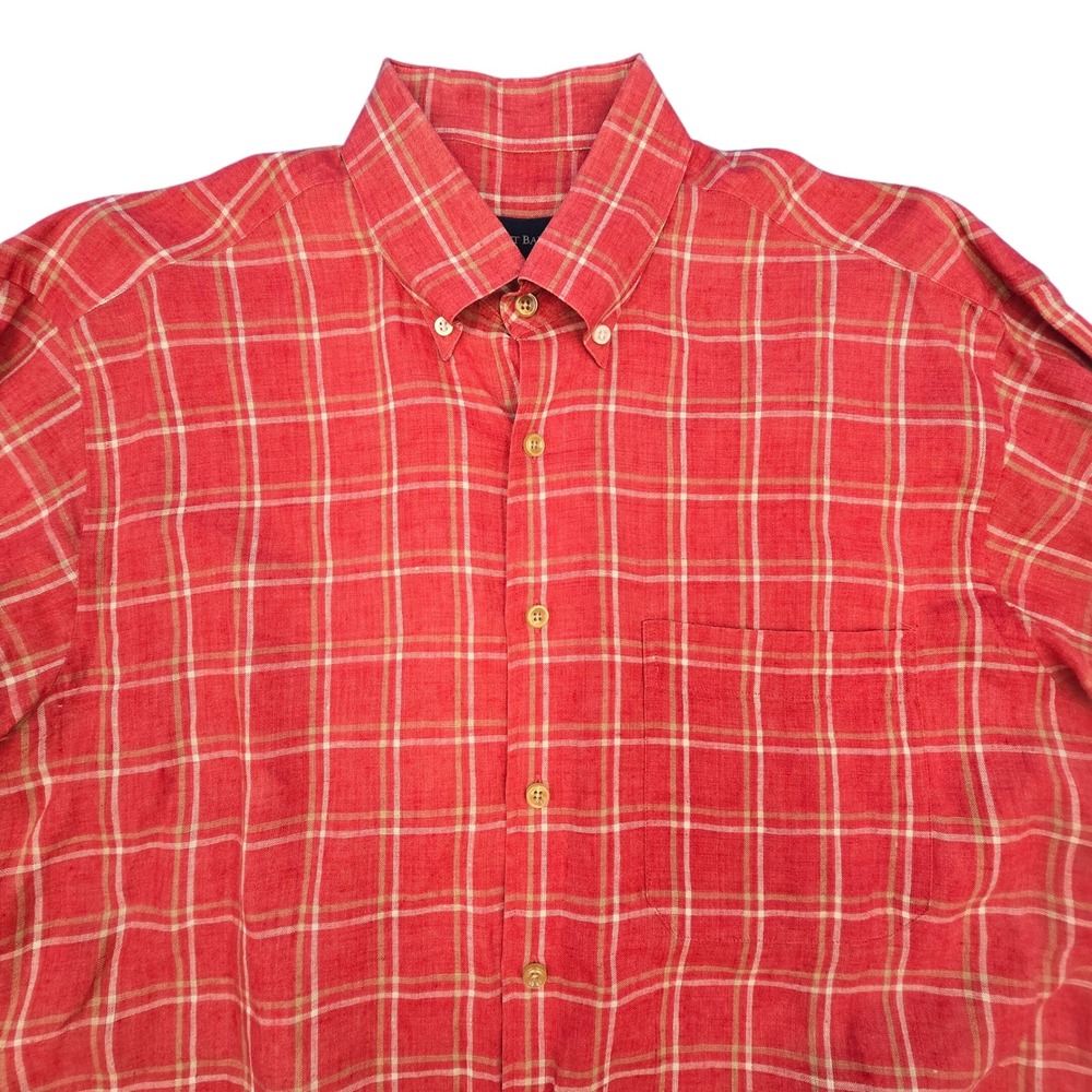 Scott Barber Mens‎ Large Red Windowpane Plaid 100% Linen Button Down Shirt L